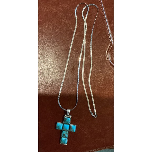 925 Sterling Silver Turquoise Cross Pendant Necklace, 10KT gold Chain, 26 Inch - Picture 6 of 9